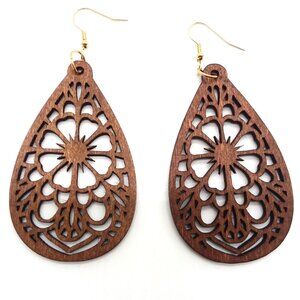 Earrings Wood Large Hollow Cut Dangle Boho Carved Hippie Trendy Stylish Flower